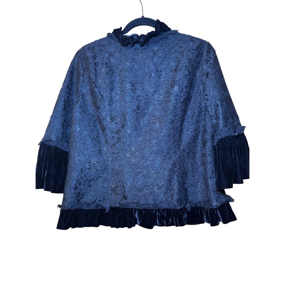 Black Lace Velvet Ruffle Trim Tie Front Bolero Shrug Jacket L Regencycore Gothic - Picture 5 of 9